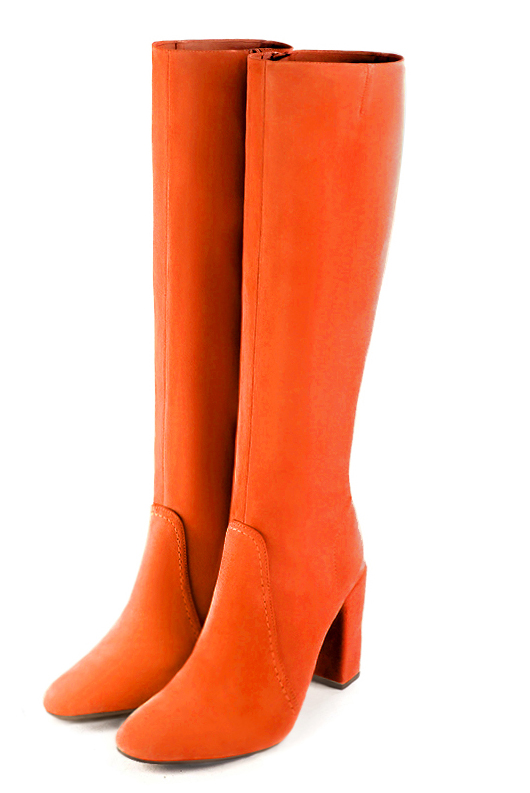 Clementine orange women's feminine knee-high boots. Round toe. High block heels. Made to measure. Front view - Florence KOOIJMAN